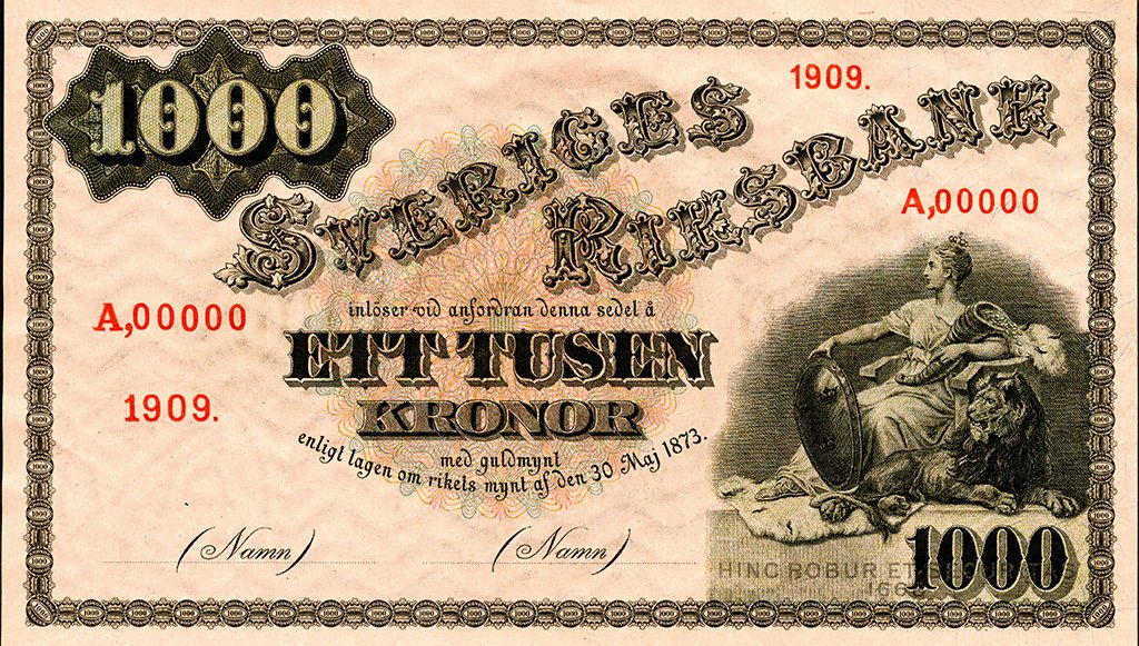 Svensk 1000-kronorssedel från 1894 med tidstypiska tryck och detaljer